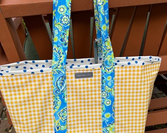 Retro sunshine yellow gingham large reversible oilcloth tote