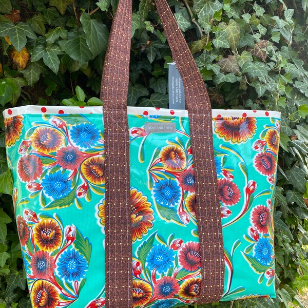 The Veracruz--large oilcloth tote bag with Mexican flowers on aqua