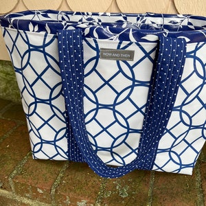 Graphic artsnavy and white version large reversible oilcloth tote bag image 4