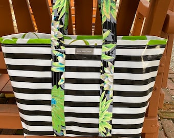 Funky black stripe black stripe and green apple reversible oilcloth tote bag