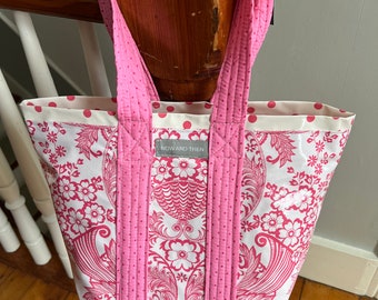 Small pink toile retro oilcloth tote bag for children and adults.