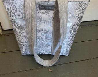 Small silver gray toile oilcloth tote bag for children and adults