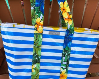 Yipes stripes funky oilcloth tote bag in royal blue and white