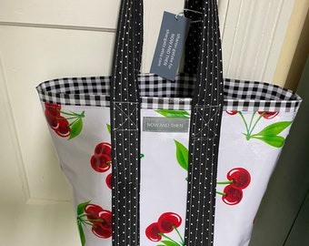 Retro cherries on white and black gingham  oilcloth tote bag