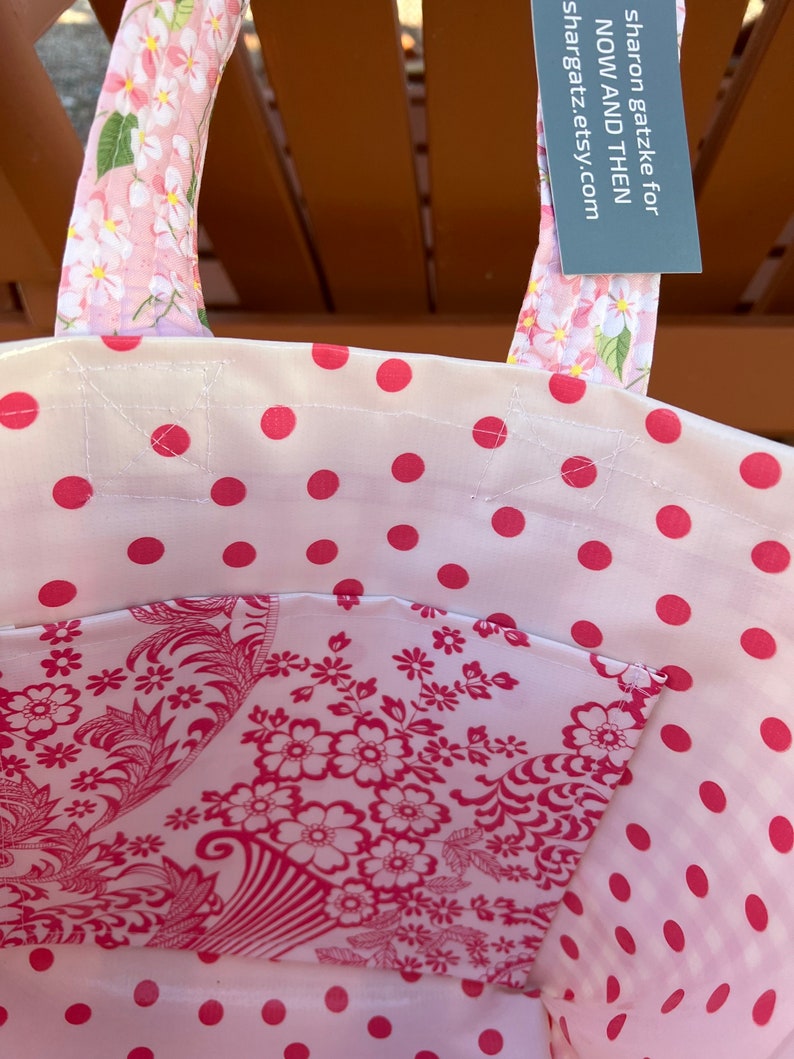 Small pink gingham retro oilcloth tote bag for children and adults. image 3