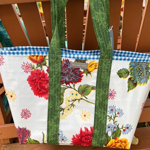 Mum's the word--Large reversible  floral oilcloth tote bag in white