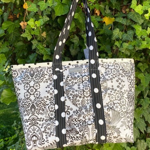 Sophisticated and hip black and white toile and black polka dot oilcloth tote bag image 4