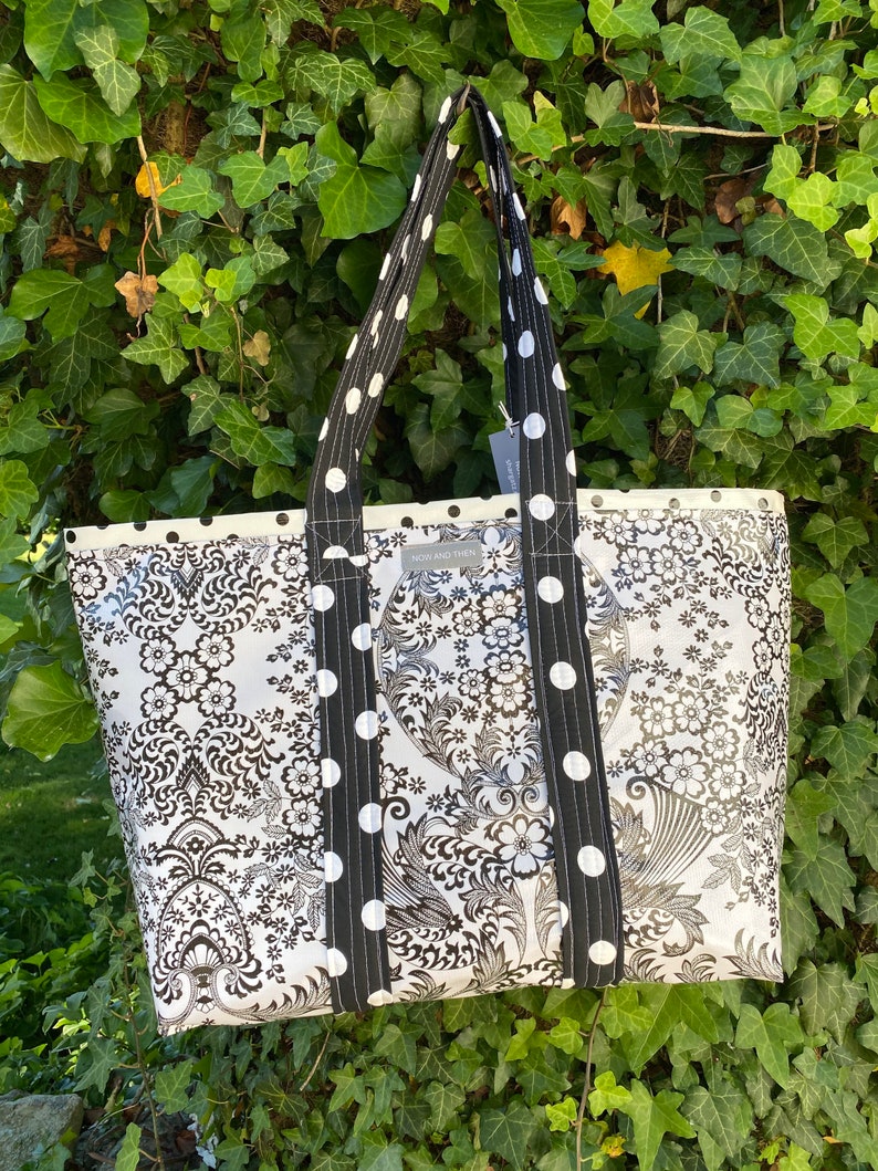 Sophisticated and hip black and white toile and black polka dot oilcloth tote bag image 4