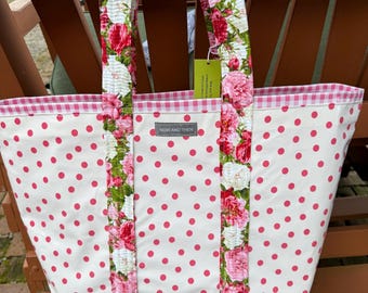 Retro Pink Polka Dot Oilcloth Tote Bag With Roses