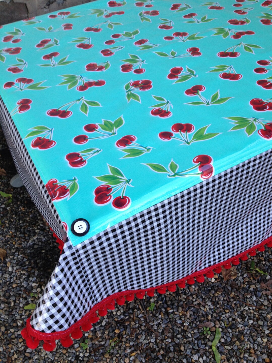 Retro Round Oilcloth Tablecloth With Cherries on Seafoam Green Etsy