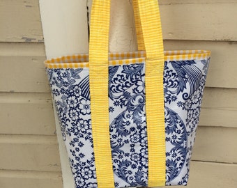 Small Monet retro oilcloth tote bag for children and adults in inky blue toile and yellow gingham