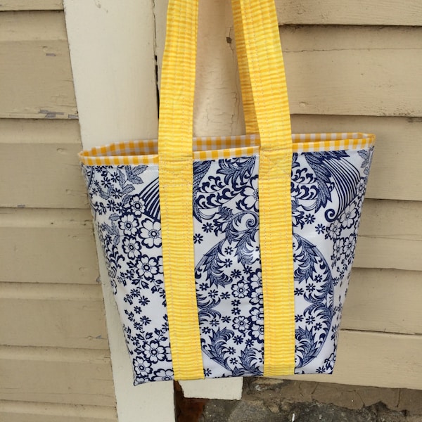 Small Monet retro oilcloth tote bag for children and adults in inky blue toile and yellow gingham