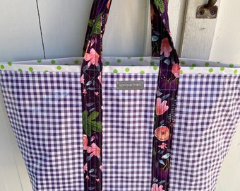 Lilac and leaf—-large gingham and polka dot reversible oilcloth tote bag