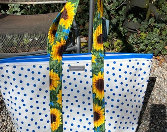 True blue —- reversible oilcloth tote bag