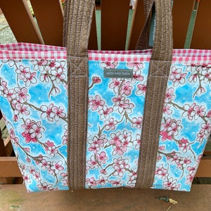 Large cherry blossom reversible  floral oilcloth tote bag on sky blue