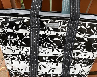 Optic vines--Large reversible oilcloth tote in basic black and white