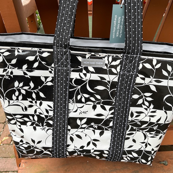 Optic vines--Large reversible oilcloth tote in basic black and white