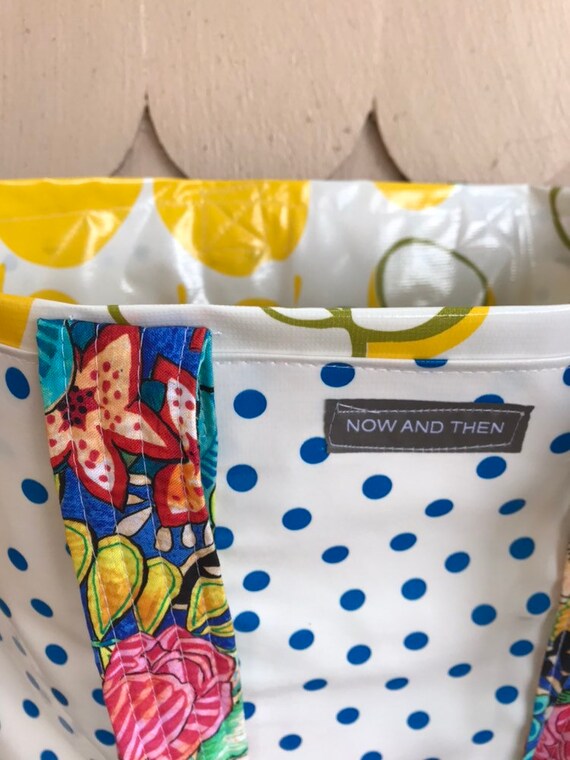 Cactus and blue Swiss dot Oilcloth tote