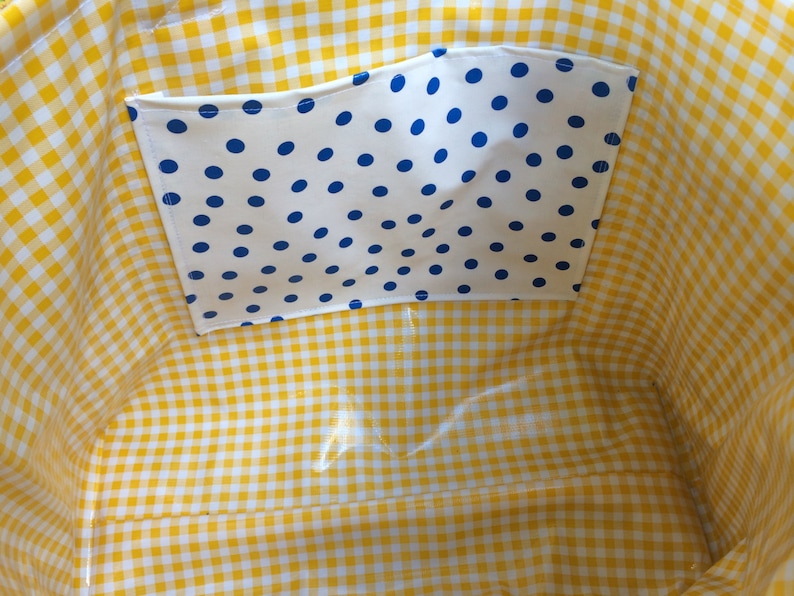 The Monet bag in inky blue toile and sunshine yellow gingham oilcloth image 3