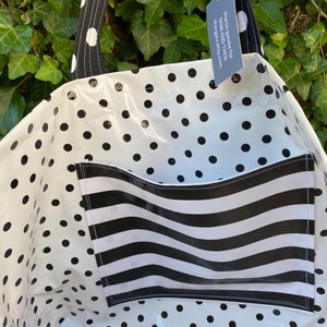 Sophisticated and hip black and white toile and black polka dot oilcloth tote bag image 3