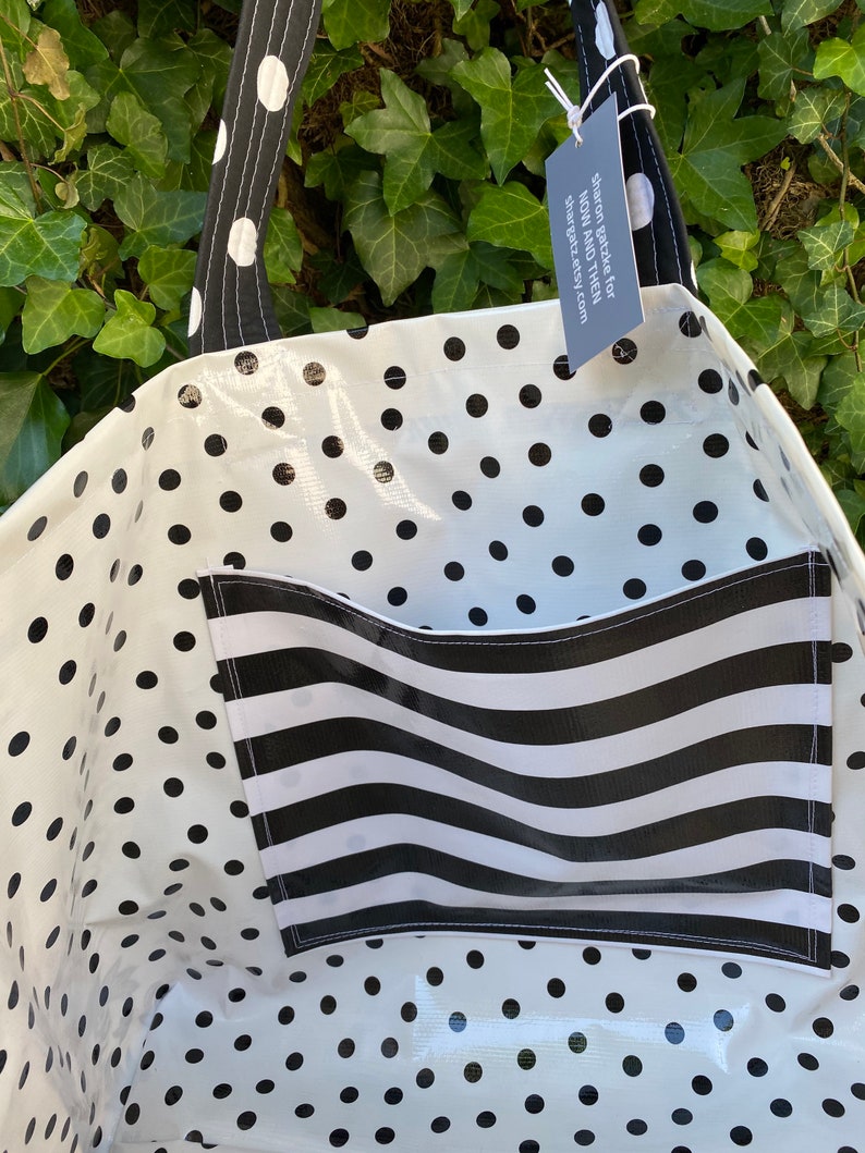 Sophisticated and hip black and white toile and black polka dot oilcloth tote bag image 3