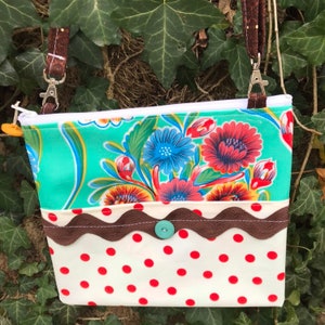 Retro mexican floral and red polka dot oilcloth crossbody bag
