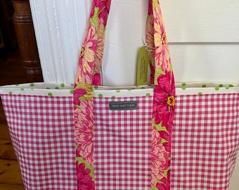 Pretty in pink—-large gingham and polka dot reversible oilcloth tote bag