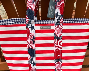 The USA--- oilcloth tote bag in red  white and blue