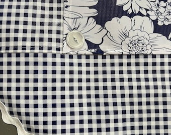 The Navy Aloha---Retro two patterned round floral and gingham oilcloth tablecloth