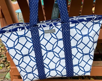 Graphic arts—-navy and white version large reversible oilcloth tote bag