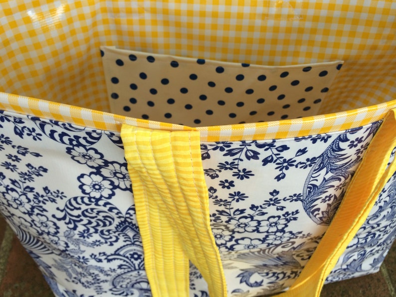 The Monet bag in inky blue toile and sunshine yellow gingham oilcloth image 5