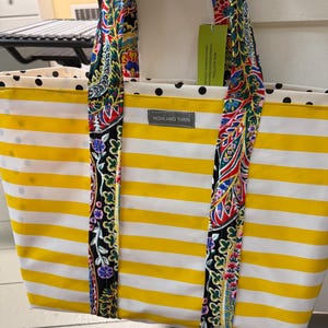 Yipes stripes funky oilcloth tote bag in sunshine yellow and white