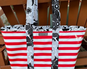 Yipes stripes funky oilcloth tote bag in red and white