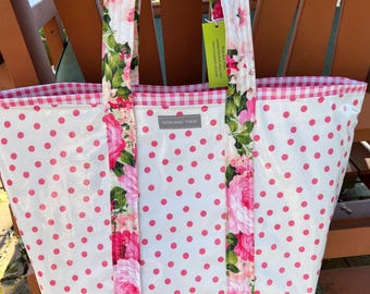 Retro pink polka dot oilcloth tote bag with roses