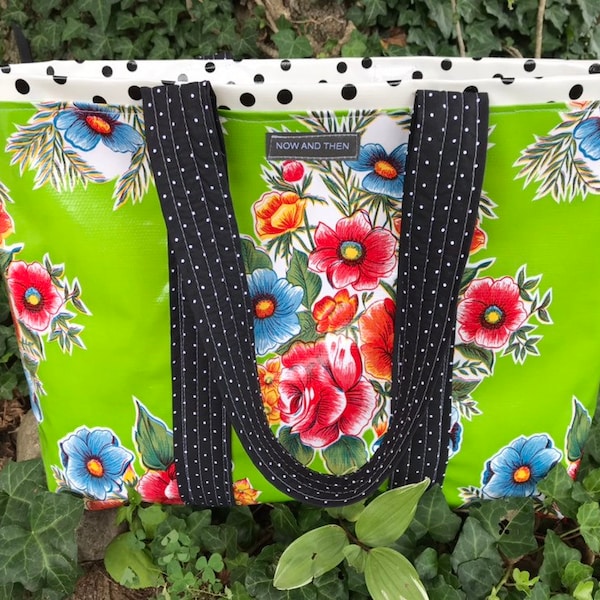 The Senorita---mexican floral print on acid green oilcloth tote bag
