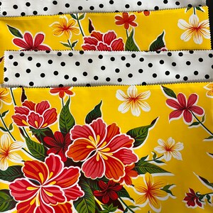 The Aloha---Reversible oilcloth placemats in an hibiscus print and  polka dots