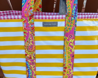 Yipes stripes funky oilcloth tote bag in sunshine yellow and white