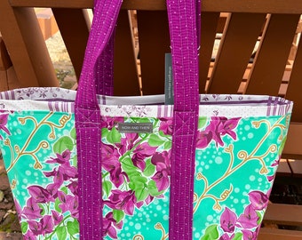 The Seville— aqua floral reversible oilcloth tote