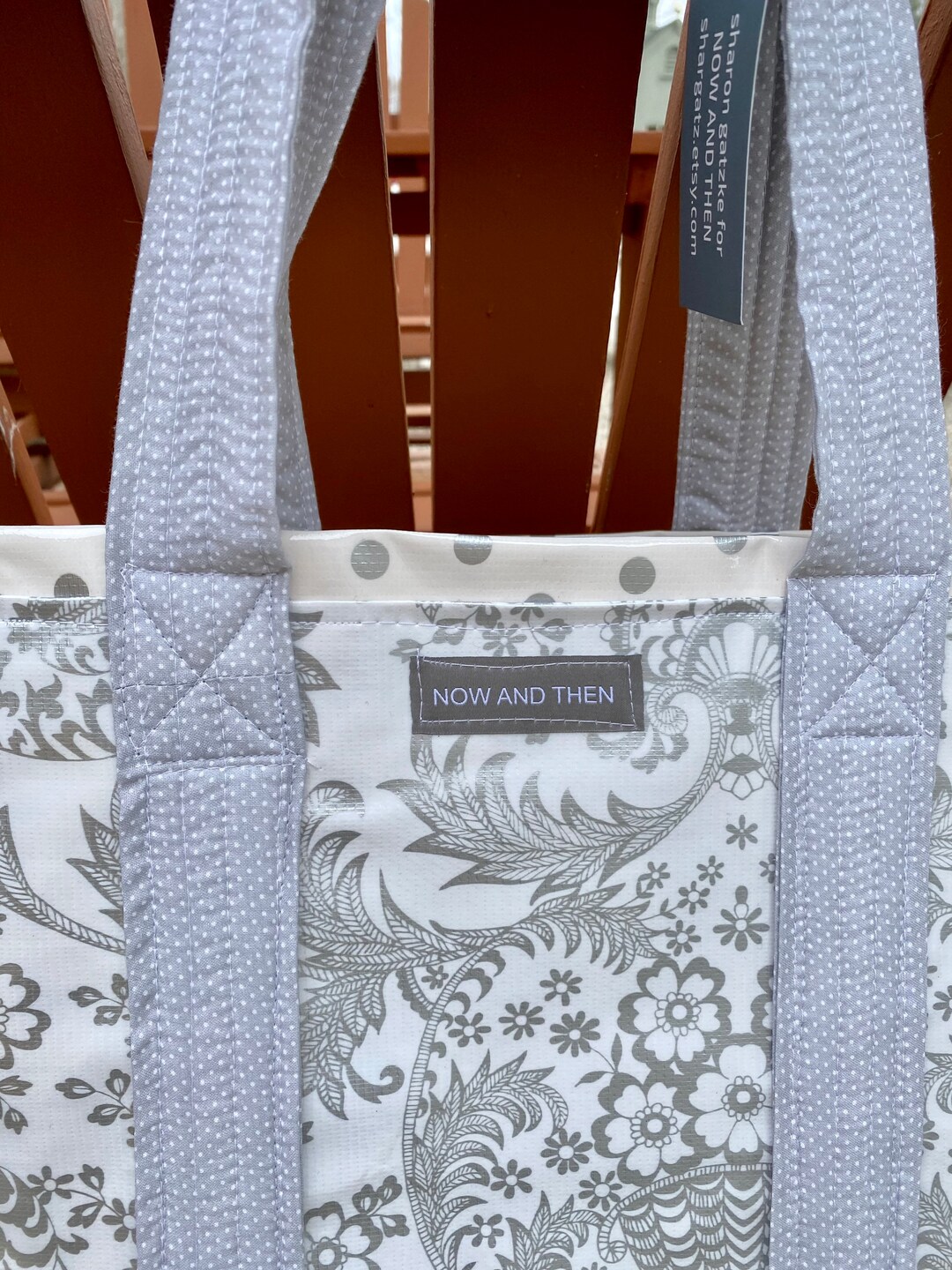 Sophisticated and Subtle Silver Gray and White Toile and Silver Gray Polka Dot Oilcloth Tote Bag