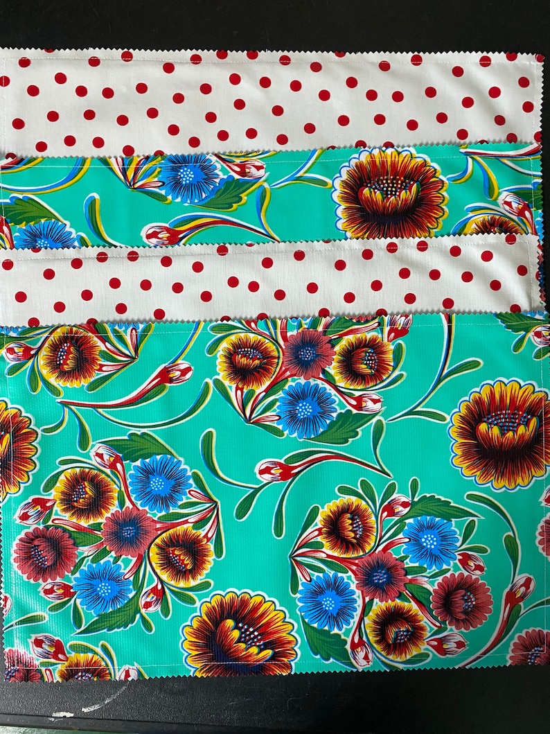 Reversible Mexican floral and red dot print oilcloth placemats image 1