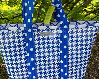 Rhythm in blues #2 —-large reversible oilcloth tote in abstract blue prints