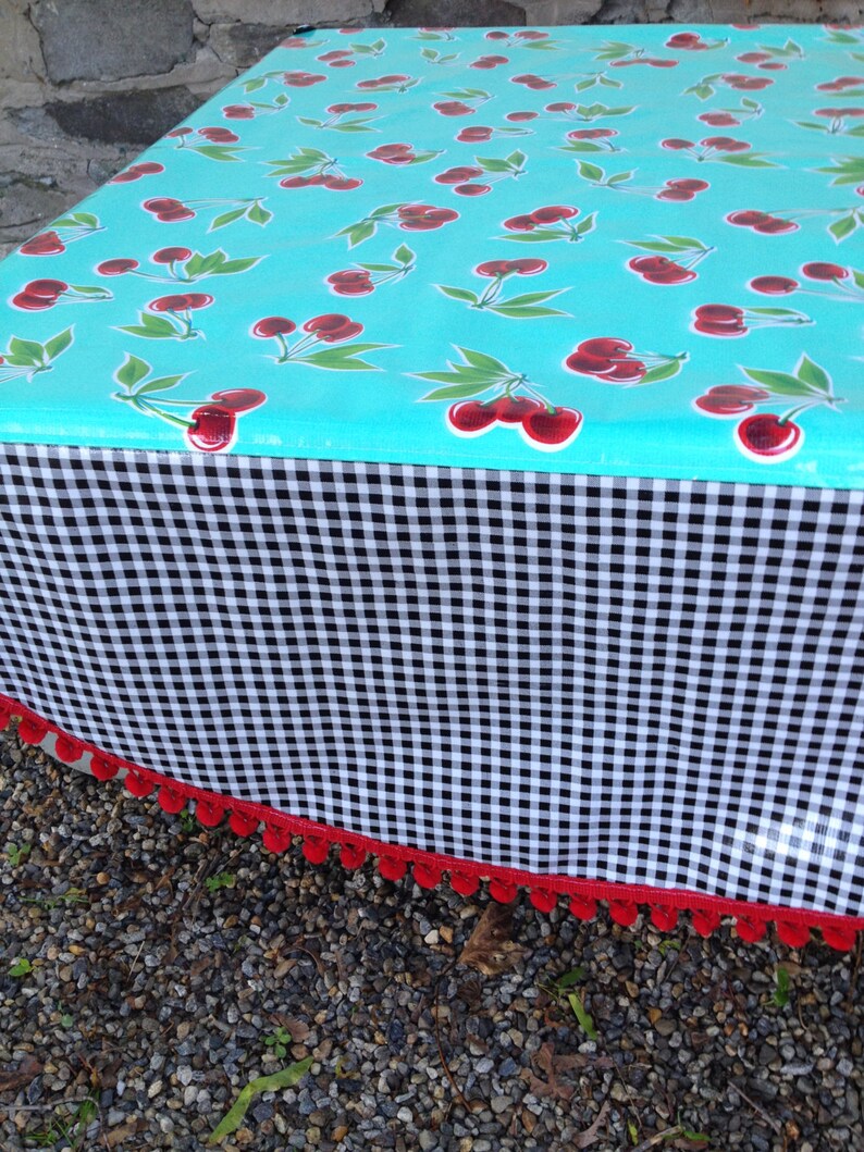 Retro Round Oilcloth Tablecloth With Cherries on Seafoam Green Etsy