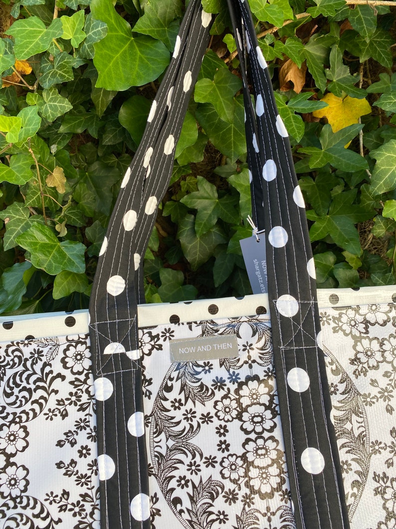 Sophisticated and hip black and white toile and black polka dot oilcloth tote bag image 2