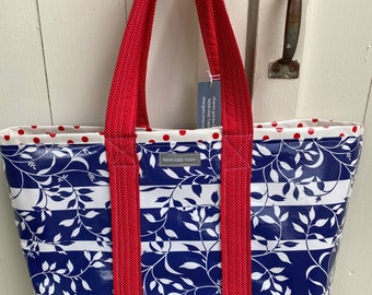 Optic vines--Large reversible oilcloth tote in navy and white