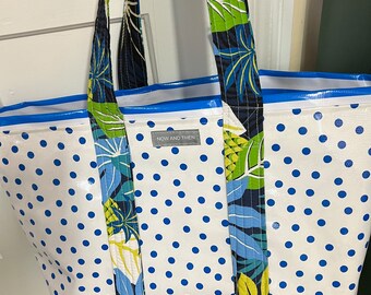 True blue —- reversible oilcloth tote bag