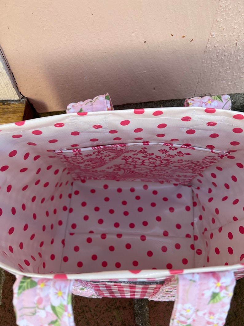 Small pink gingham retro oilcloth tote bag for children and adults. image 5