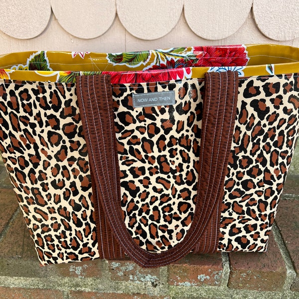 Born to be Wild--Large reversible  leopard oilcloth tote bag