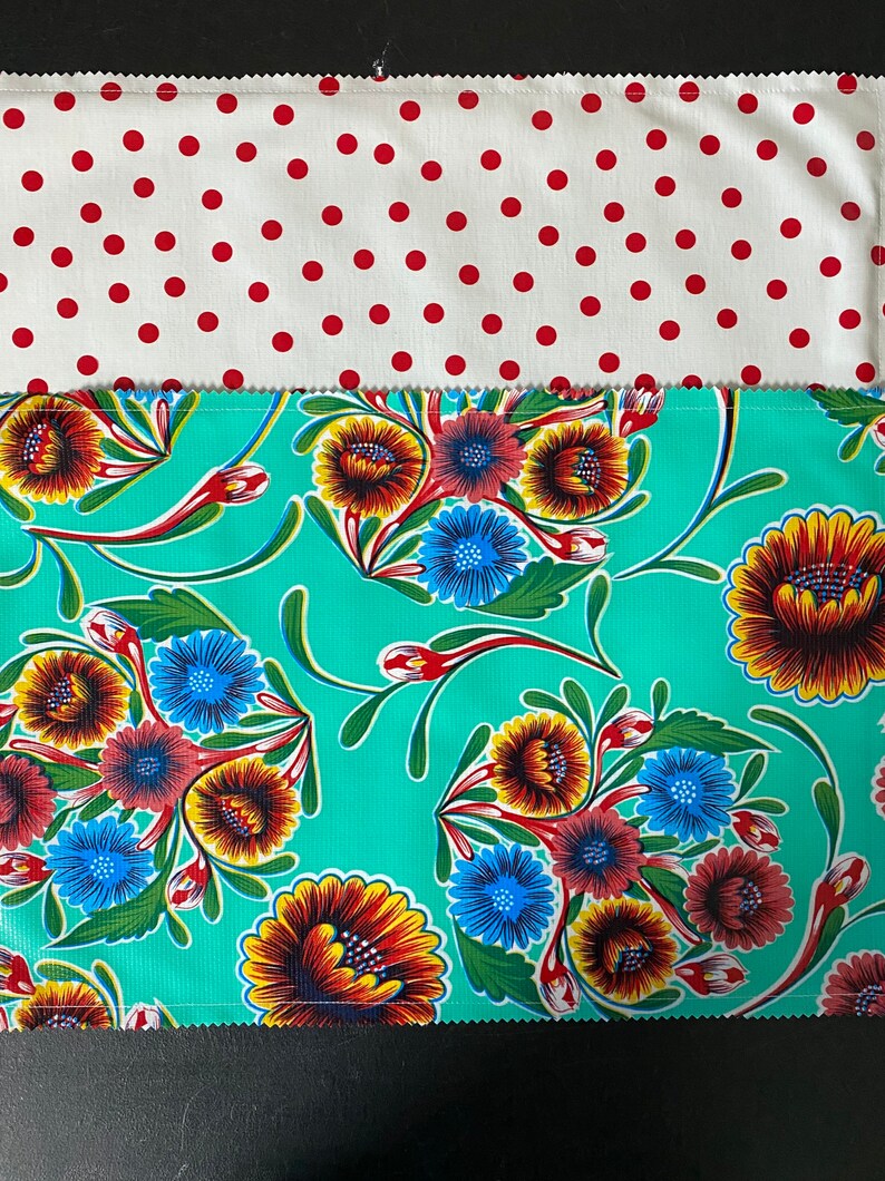 Reversible Mexican floral and red dot print oilcloth placemats image 2