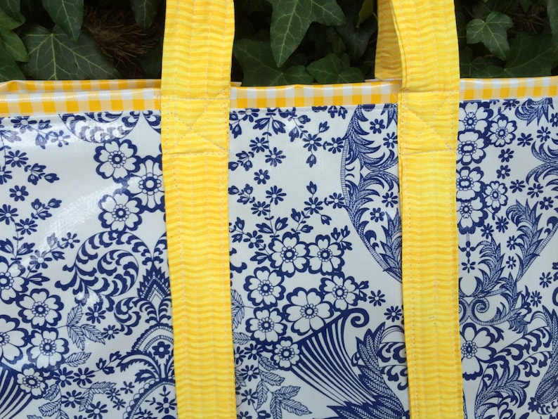 The Monet bag in inky blue toile and sunshine yellow gingham oilcloth image 2