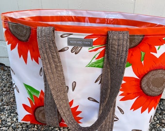 The orange sunflower -large reversible  oilcloth tote bag